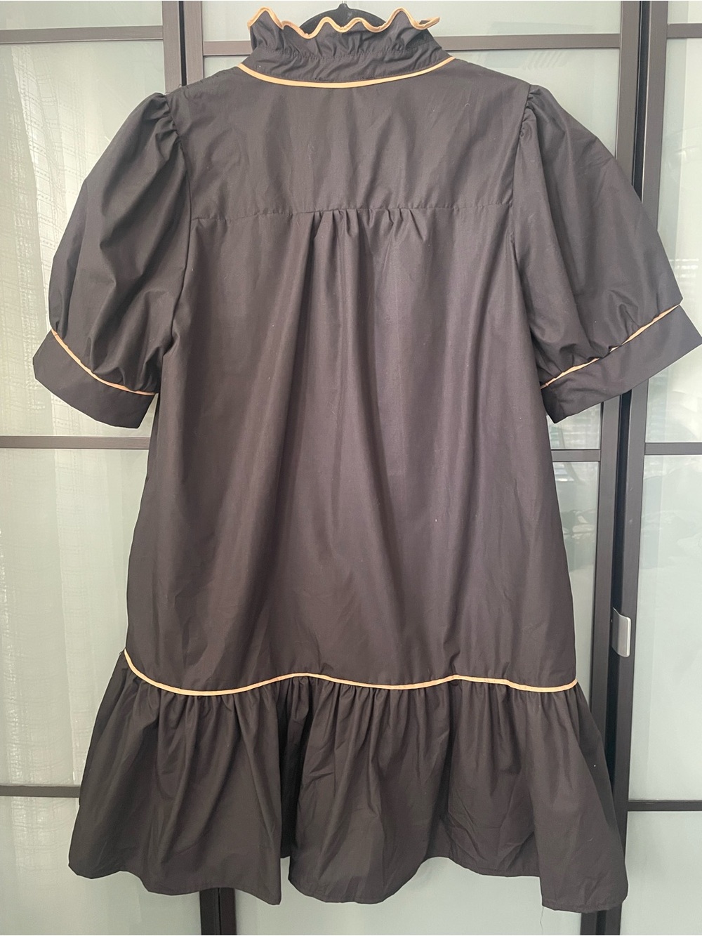 entro Black Mini Dress with tan Trim and Ruffle Neck - Picture 2 of 4